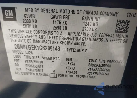 2016 Chevrolet Equinox Ltz z USA, uszkodzony, nr VIN 2GNFLGEK1G6209146